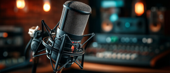 A close-up of a professional microphone in a warm, ambient studio setting. 