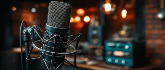 A close-up of a professional microphone in a warm, ambient studio setting. 