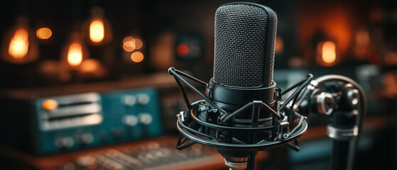 A close-up of a professional microphone in a warm, ambient studio setting. 