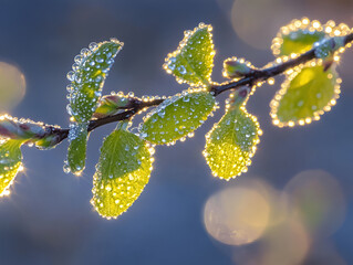 Close-up of vibrant green leaves adorned with glistening water droplets, illuminated by soft sunlight, showcasing the beauty of nature and freshness in a serene environment
