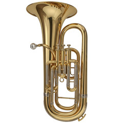 Photo of a gleaming golden euphonium, a brass musical instrument with valves and a large bell, stands ready for performance on a plain transparent background