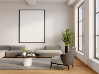  Luxury apartment living room with black vertical poster frame and modern interior furniture - side view