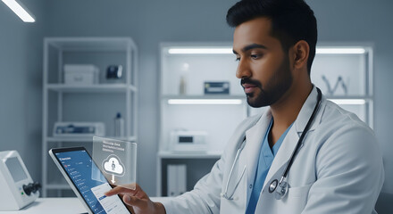 Young Doctor Using Tablet for Healthcare Data Management in Modern Office.
