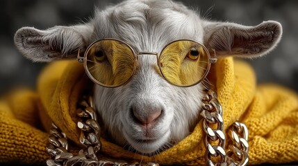 Stylish Goat Wearing Glasses and Gold Chain with Yellow Sweater