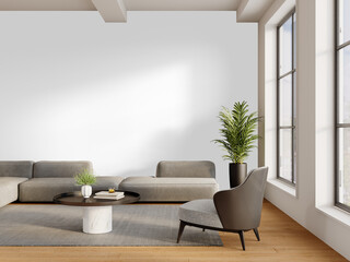 Modern cozy living room interior with large window and furniture set – transparent PNG with...