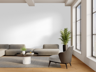 Modern cozy living room interior with large window and furniture set – transparent PNG with shadow – side view