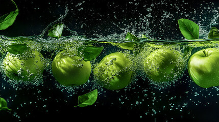 Green apples submerged in water, creating dynamic splashes and bubbles, surrounded by fresh leaves, showcasing vibrant colors and refreshing nature's essence