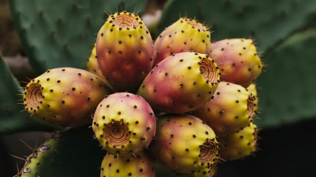 Colorful prickly pear fruit cluster on cactus plant