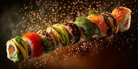 Floating sushi twisting with crunchy particle effects