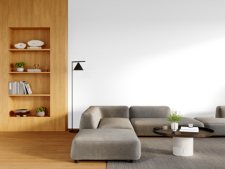 Scandinavian living room furniture and bookshelf on wood wall – transparent PNG with shadow – front close-up