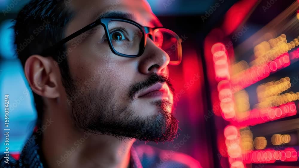 Poster young man focused on computer screen in modern workspace with colorful lights and technology