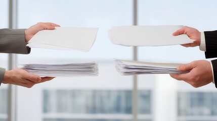 Businesspeople exchanging documents.