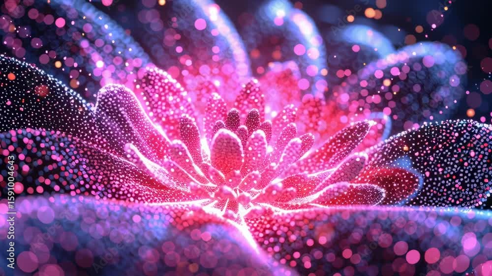 Poster vibrant abstract flower shape forming with colorful bubbles and sparkles in a dark background