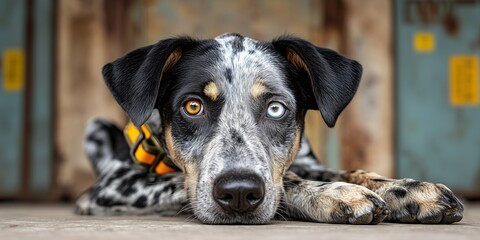 Rescue dog with spotted fur and heterochromia lies quietly on the floor