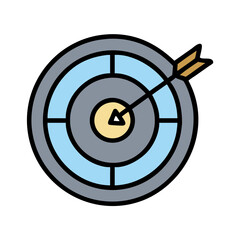 Archery target with arrow hitting the center in flat blue and yellow style, symbolizing precision, goal setting, success, and strategic achievement
