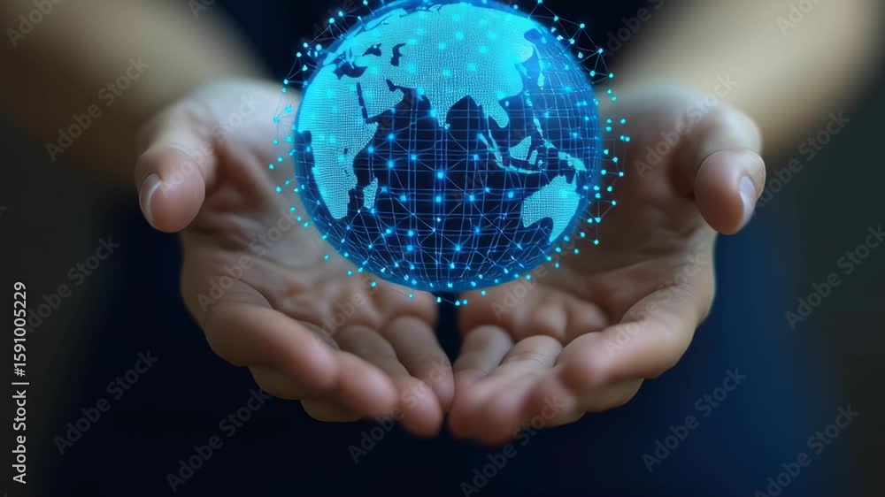 Aufkleber hands holding digital globe with network connections and map outline for global technology concept