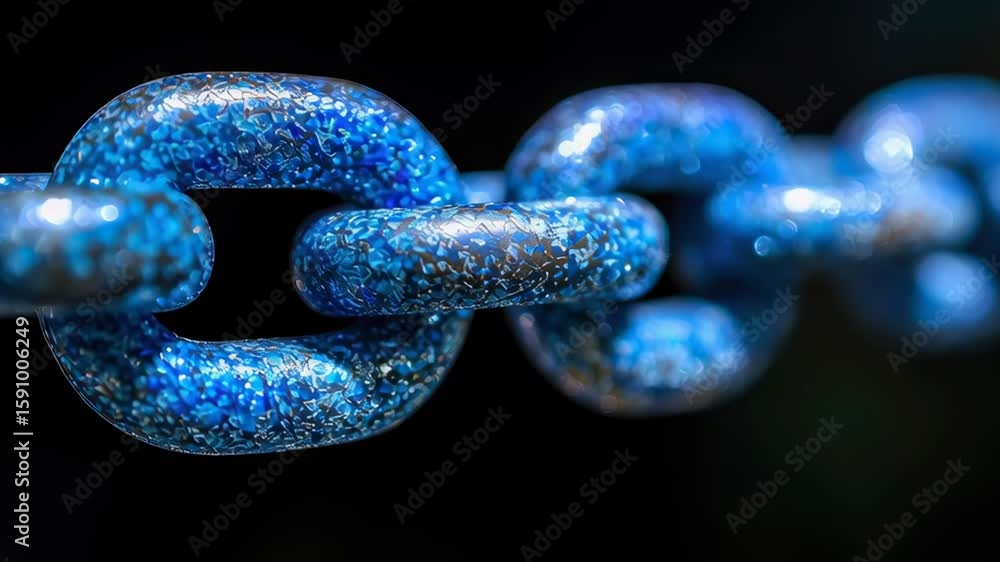 Poster close-up view of shiny blue chain links with sparkling texture against dark background