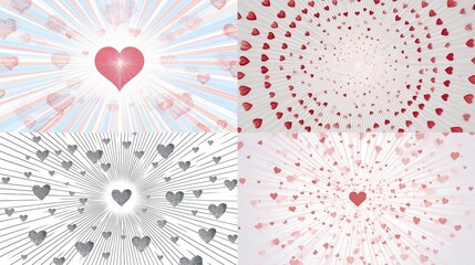 Four digital heart designs; two feature radiating pastel stripes and hearts, one shows a swirling vortex of small hearts, and one displays grayscale hearts emanating from a central point