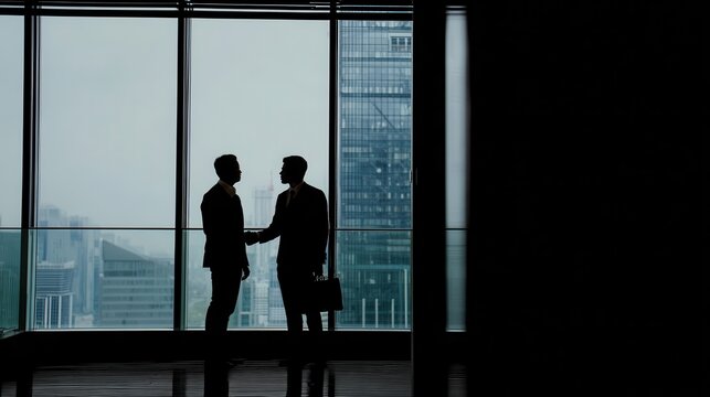 Two businessmen shaking hands in an urban setting.