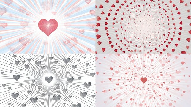 Four digital heart designs; two feature radiating pastel stripes and hearts, one shows a swirling vortex of small hearts, and one displays grayscale hearts emanating from a central point