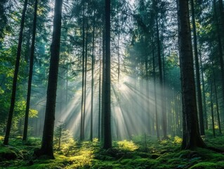 Fototapeta premium Sunlight filtering through tall trees in a dense forest