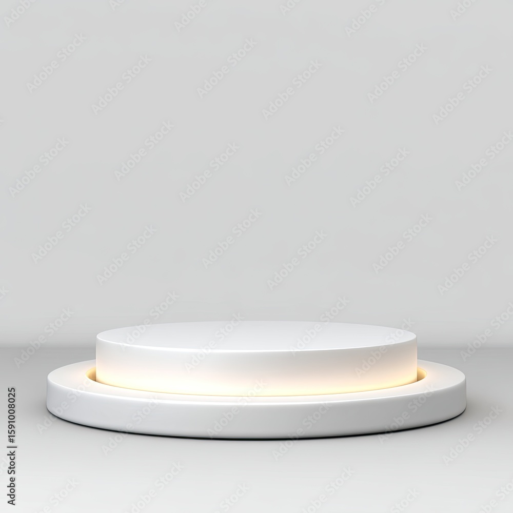 Poster white circular pedestal with soft glow on minimalist background for product display and promotional 