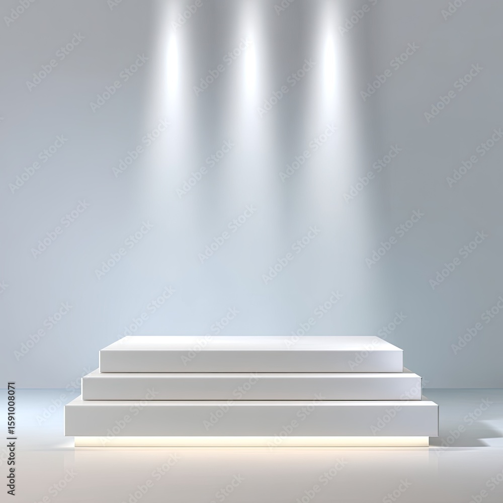 Poster minimalistic display podium with bright lighting on a simple studio background for product showcasin
