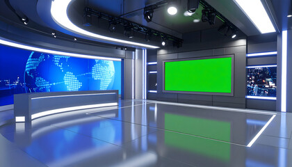 Modern Television News Studio with Green Screen and World Map Background