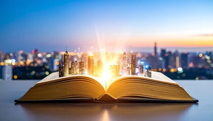 Open book with a city rising from its pages at dusk