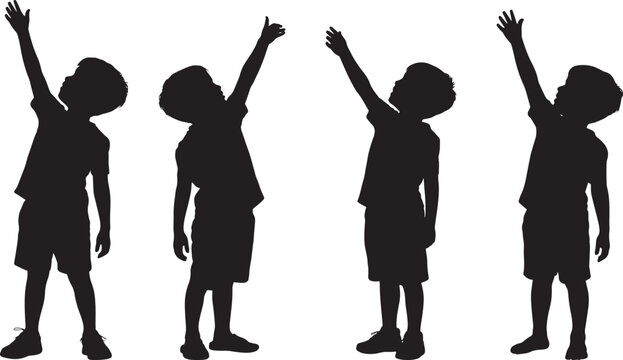 Four boys silhouettes reaching upwards on white background