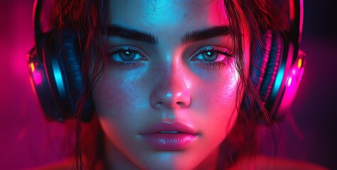 Headphones mockup with woman in neon pink and blue lighting

