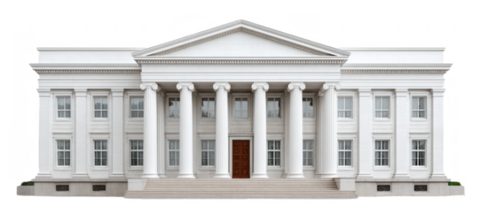A large neoclassical white stone building featuring a symmetrical facade, tall Corinthian columns, and a central pediment with detailed architectural elements.