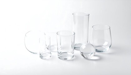 Clear glass objects on white background