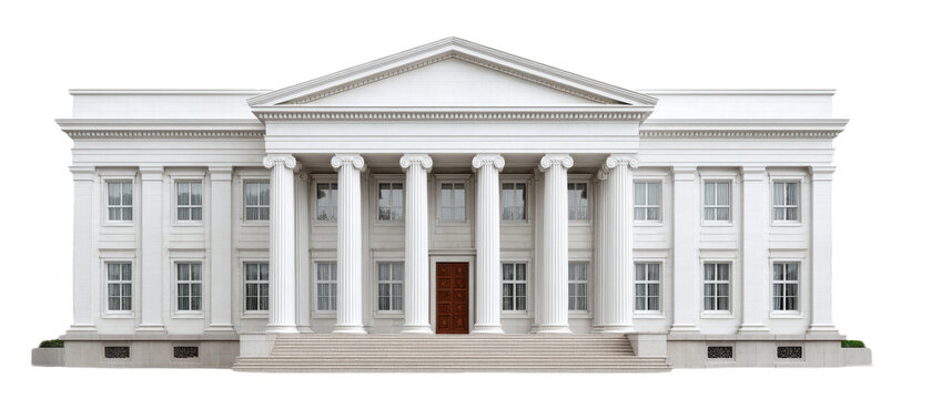 A large neoclassical white stone building featuring a symmetrical facade, tall Corinthian columns, and a central pediment with detailed architectural elements. - Powered by Adobe