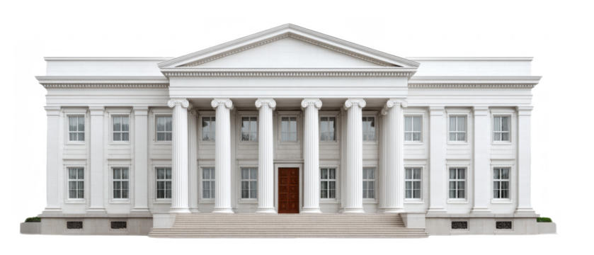 A large neoclassical white stone building featuring a symmetrical facade, tall Corinthian columns, and a central pediment with detailed architectural elements.
