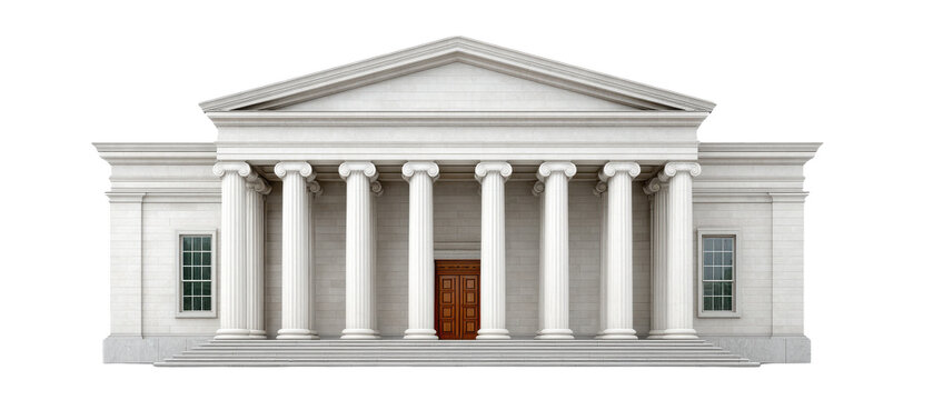A large neoclassical white stone building featuring a symmetrical facade, tall Corinthian columns, and a central pediment with detailed architectural elements. - Powered by Adobe