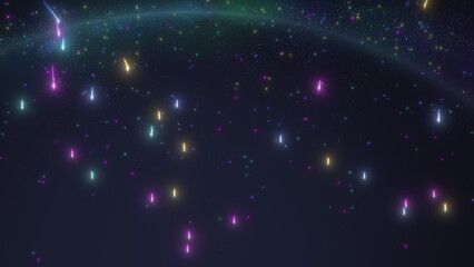 Comets and meteors of various colors set amidst a starry backdrop with flares.
