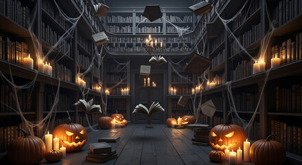 Halloween library spooky books pumpkins candles and cobwebs for a halloween themed background image use 100 char