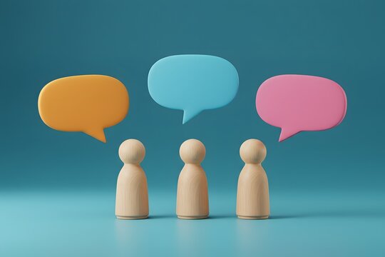 3D render of three wooden figures standing in front of a blue wall, Three wooden figures stand beneath vibrant speech bubbles a blue backdrop, communication, ideas, collaborative discussions.