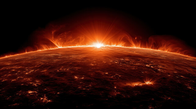 Close up view of sun surface reveals intense solar flares and fiery textures, showcasing sun massive energy and dynamic activity