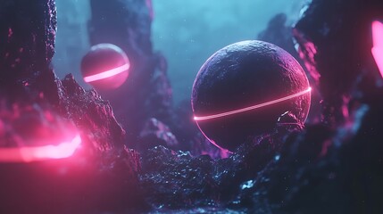 Abstract spheres in neon landscape