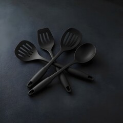 Black Silicone Kitchen Utensil Set on Dark Grey Textured Background. Generated with AI
