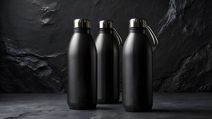 Black Stainless Steel Water Bottle on Dark Stone Background. Generated with AI
