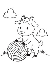 Coloring book goat playing with a big yarn ball.
