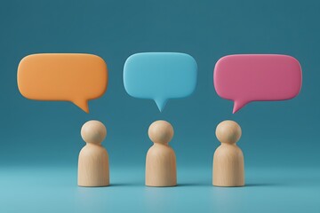 ideas, collaborative discussions. Three wooden figures stand beneath vibrant speech bubbles a blue backdrop, 3D render of three wooden figures standing in front of a blue wall, communication