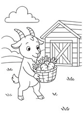 Coloring book goat carrying a basket of fresh vegetables.