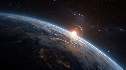 Breathtaking view of Earth from space with glowing sunrise and twinkling stars in background, showcasing beauty of deep space