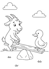 Coloring book goat playing seesaw with a duck.
