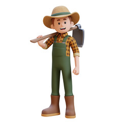 3D farmer character standing confident with a hoe on shoulder