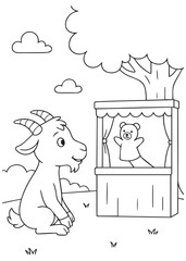 Coloring book goat watching a puppet show under a tree.